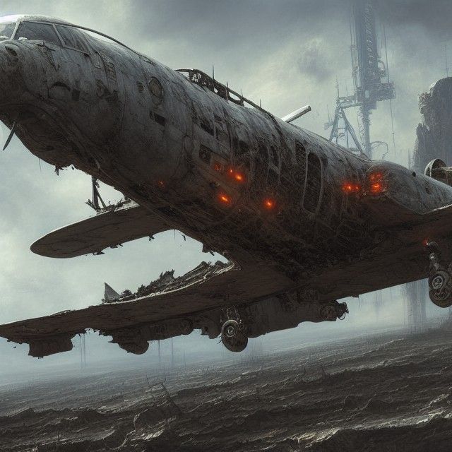 Crashed Futuristic Bomber Plane Wreckage in Sci-Fi Art