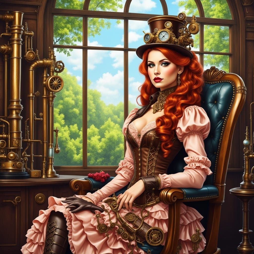 Steampunk Woman in Watercolor Forest Scene