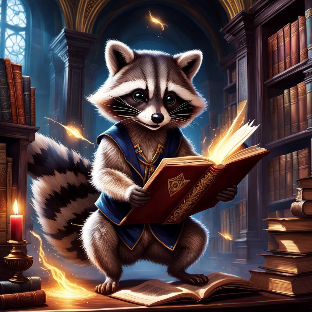 Raccoon Mage Emerges from Magic Book