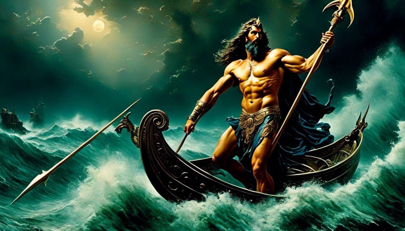Poseidon in Stormy Sea: Ancient Greek God