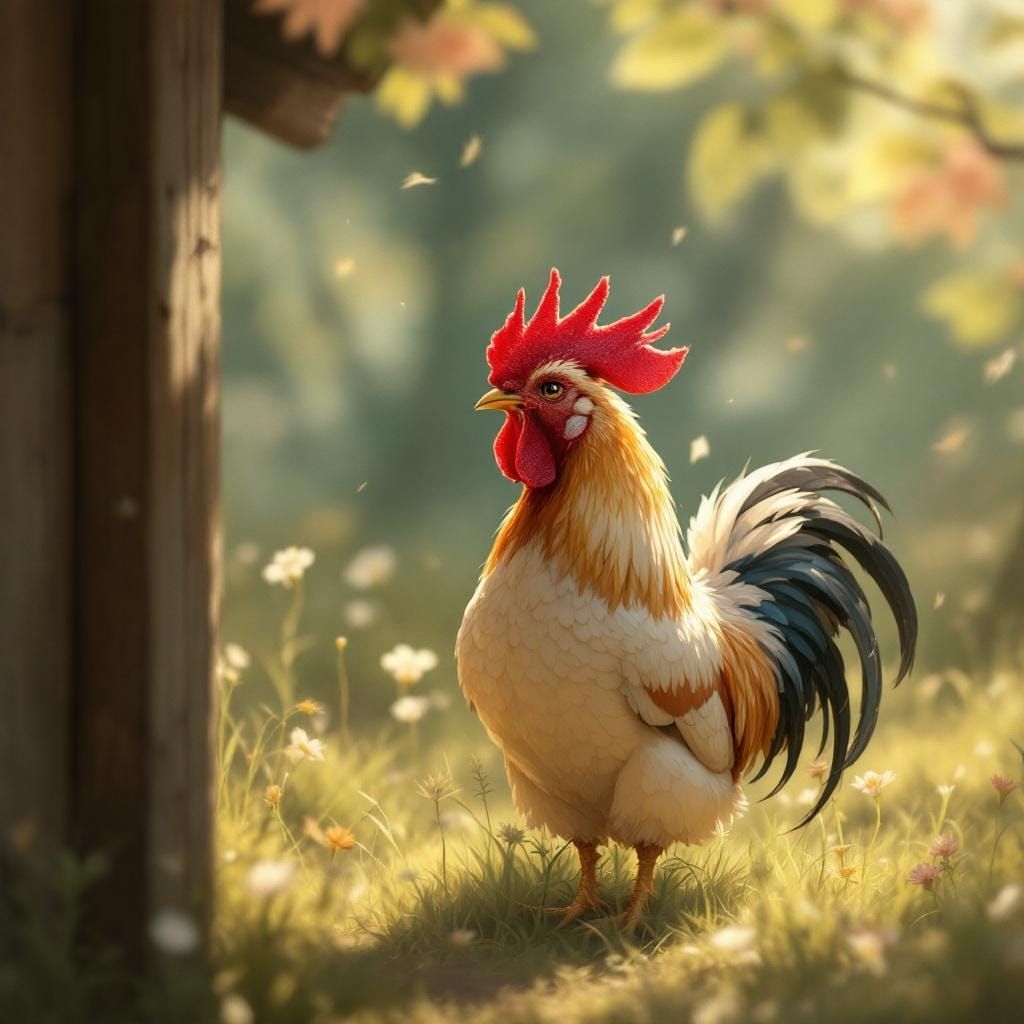 Anime Rooster in Barnyard, Painterly Style