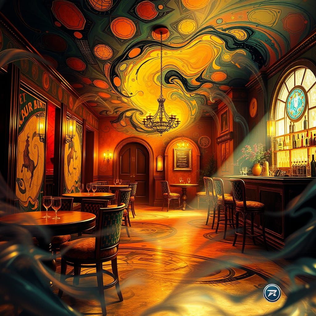 Abstract Speakeasy Scene with Geometric and Surreal Elements