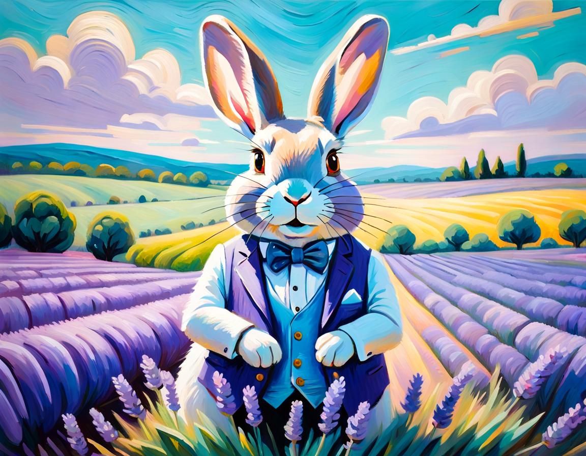 Rabbit in Lavender Field: Neo-Impressionist Pastel Painting