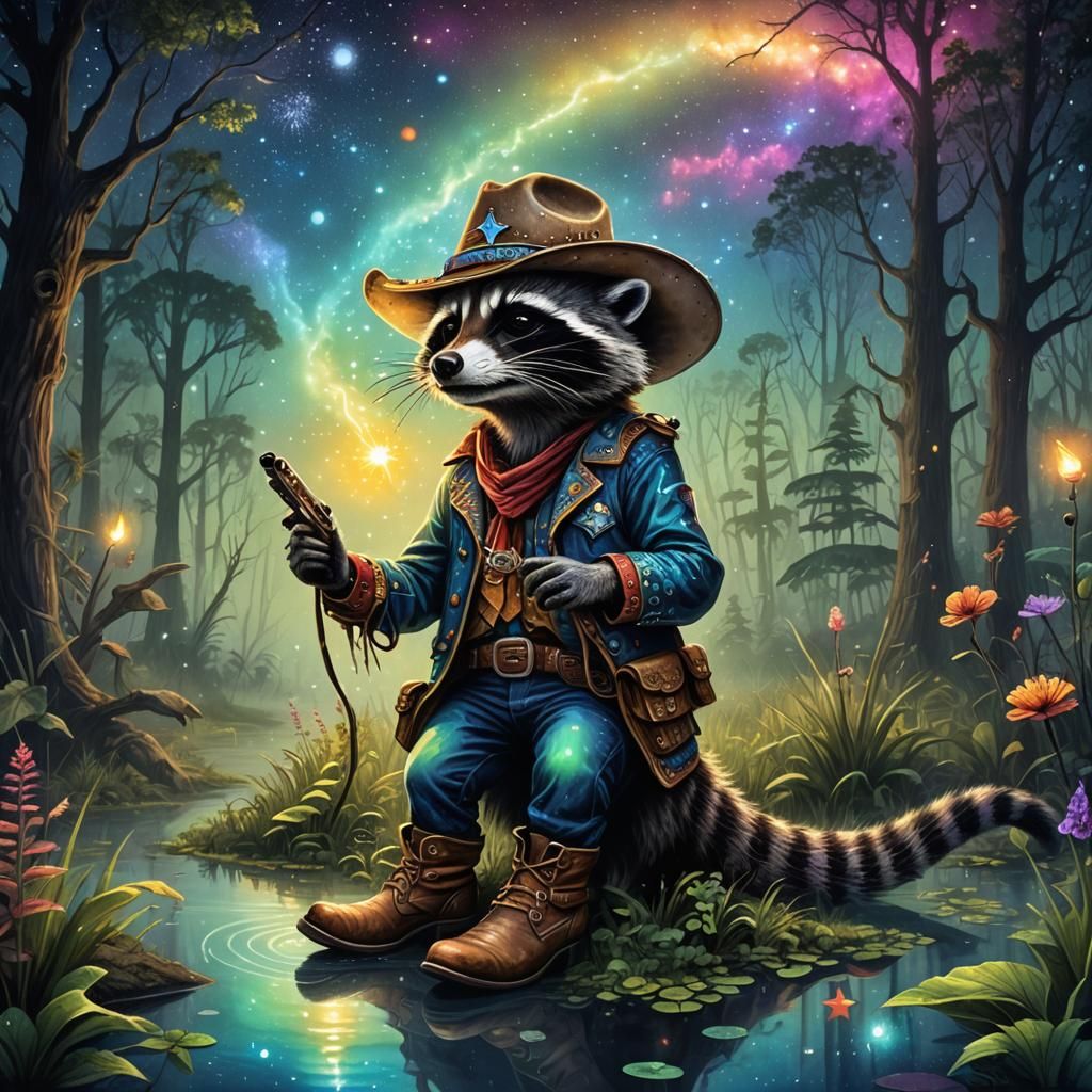 Raccoon Cowboy Lassos Alligator in Cosmic Bayou