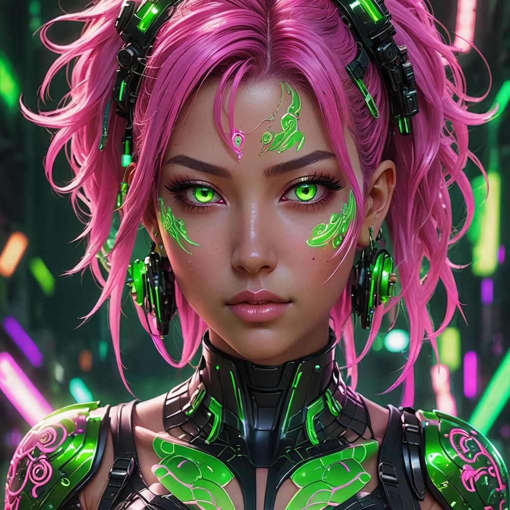 Biopunk Babe with Glowing Tattoos in Anime Style