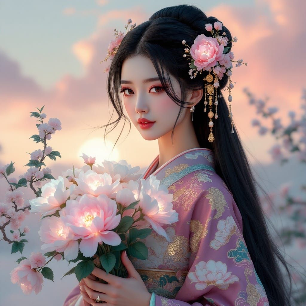 Edo Goddess of the Arts in Cherry Blossom Kimono