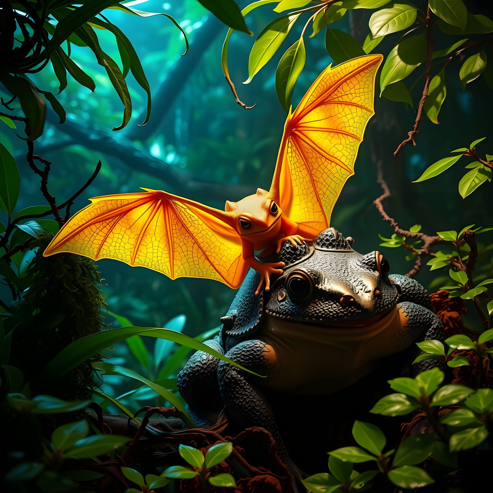 Whimsical Jungle Fantasy: Frog with Iridescent Wings and Maj...