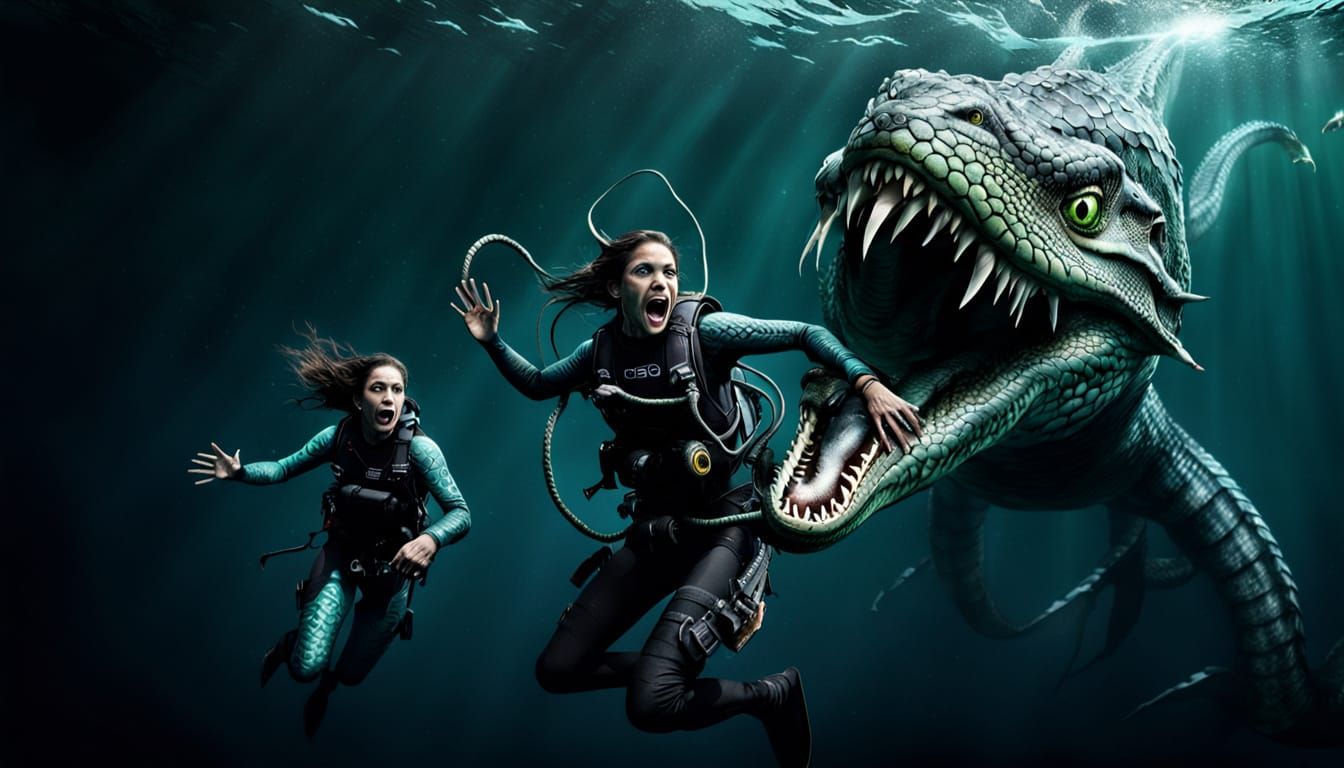 Scuba Diver Pursued by Jormungandr in Dark Ocean