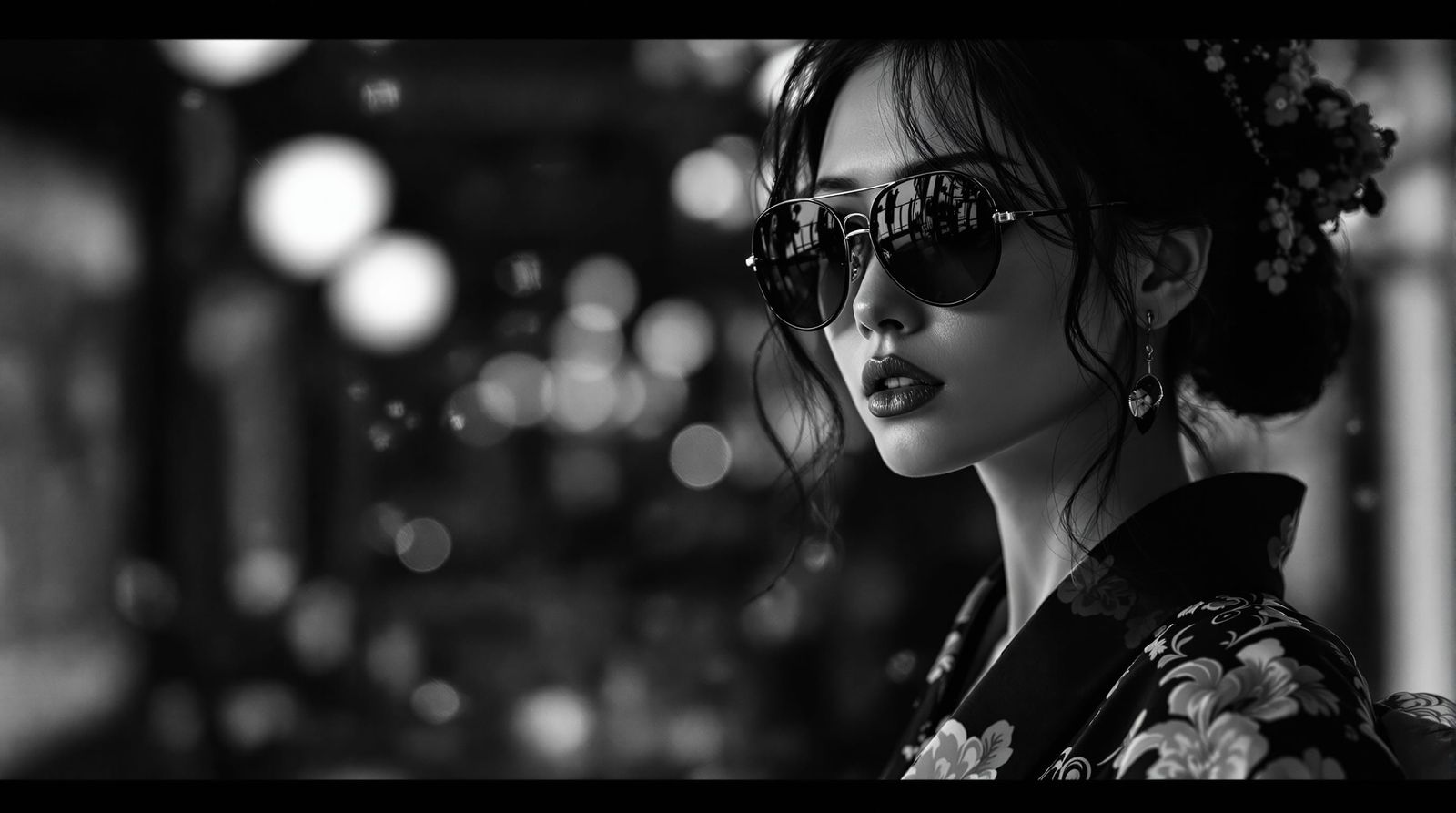 Film Noir Kimono Woman in Dramatic Black and White