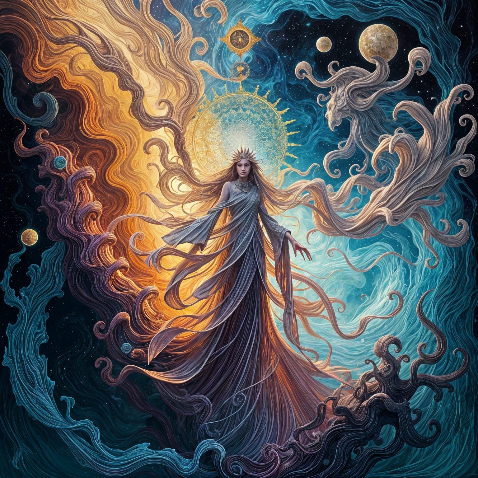 Dreamlike Figure in Iridescent Garments