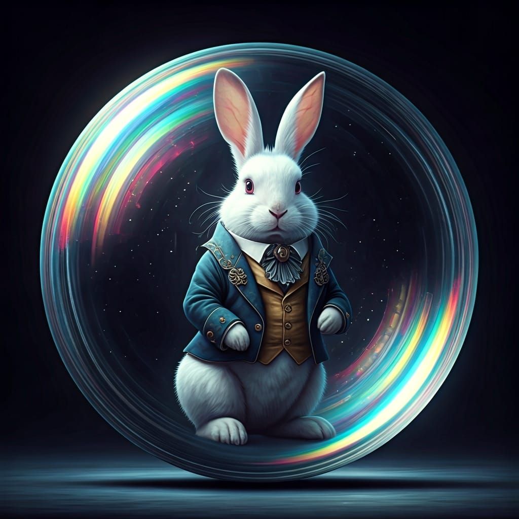 White Rabbit in Bubble Reflecting Cityscape, Magical Realism