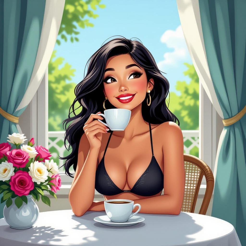 Woman Enjoying Coffee in Cartoon Style