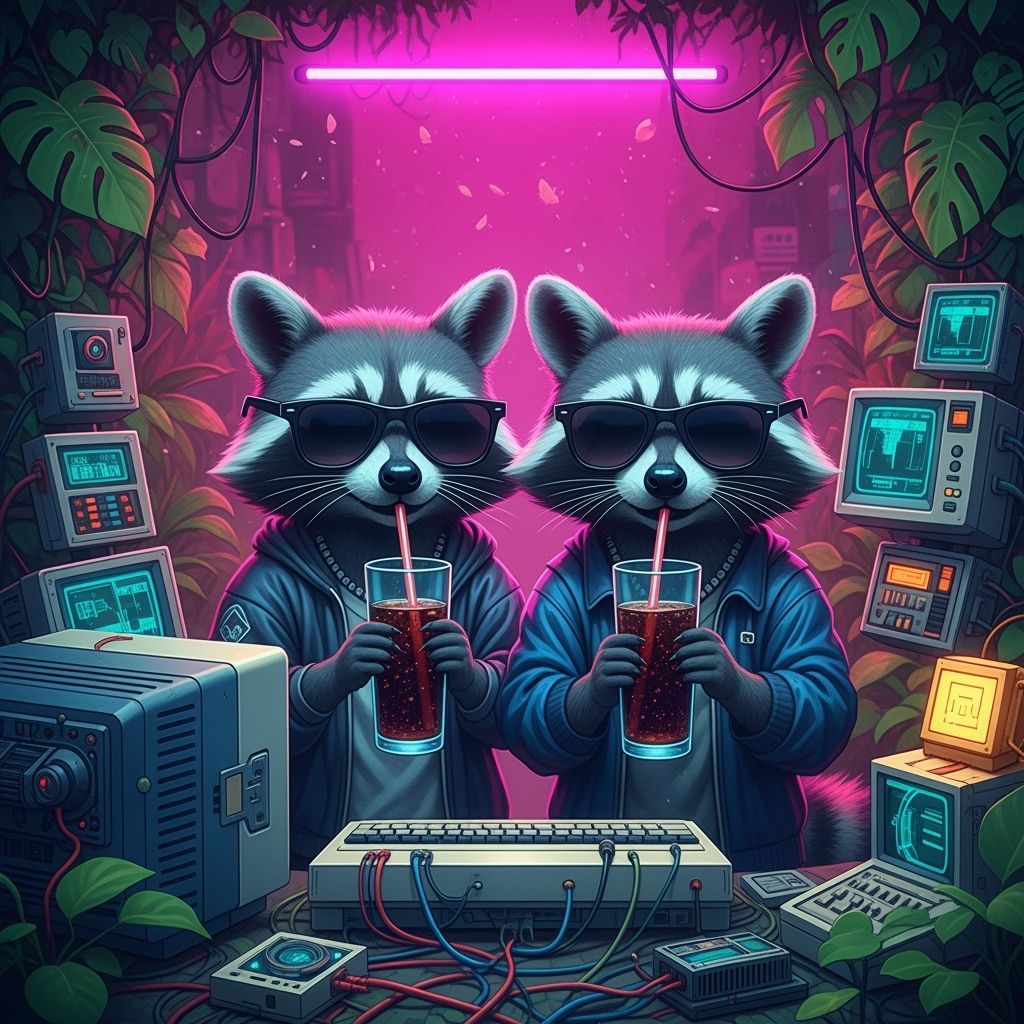 Raccoons Enjoying Soda: Cyberpunk Style