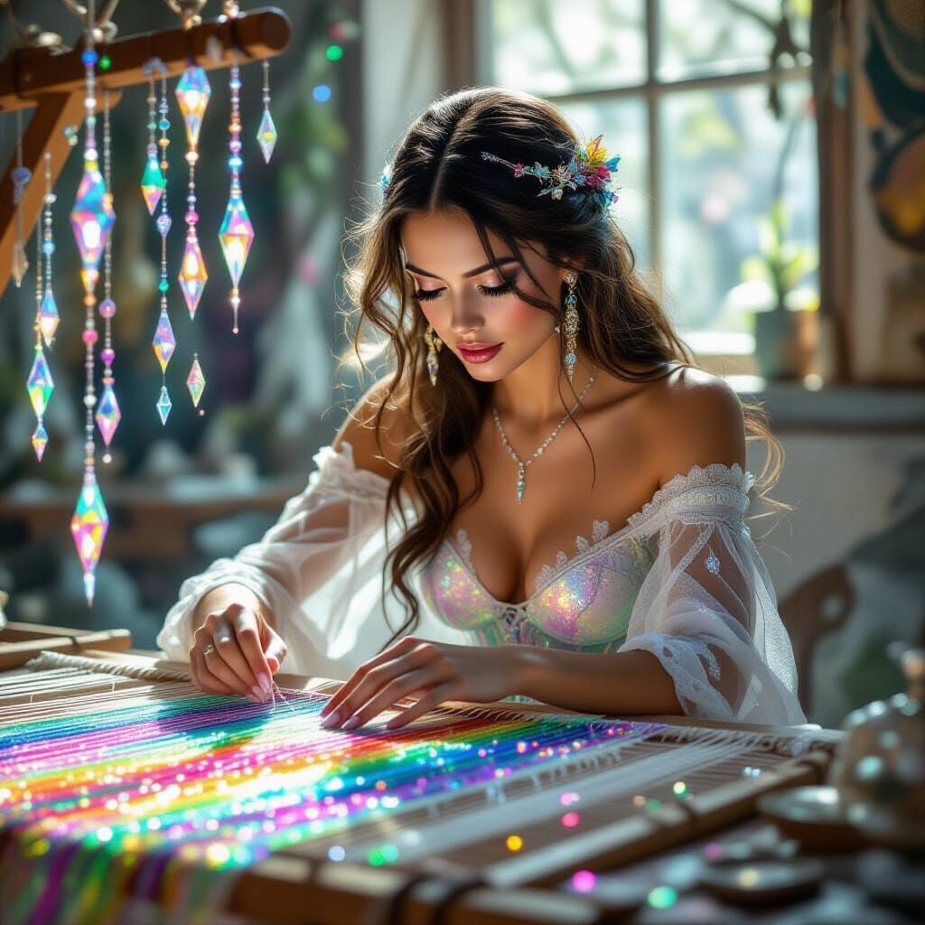 Spider-Woman Weaves Rainbow Crystal Threads on Glass Loom