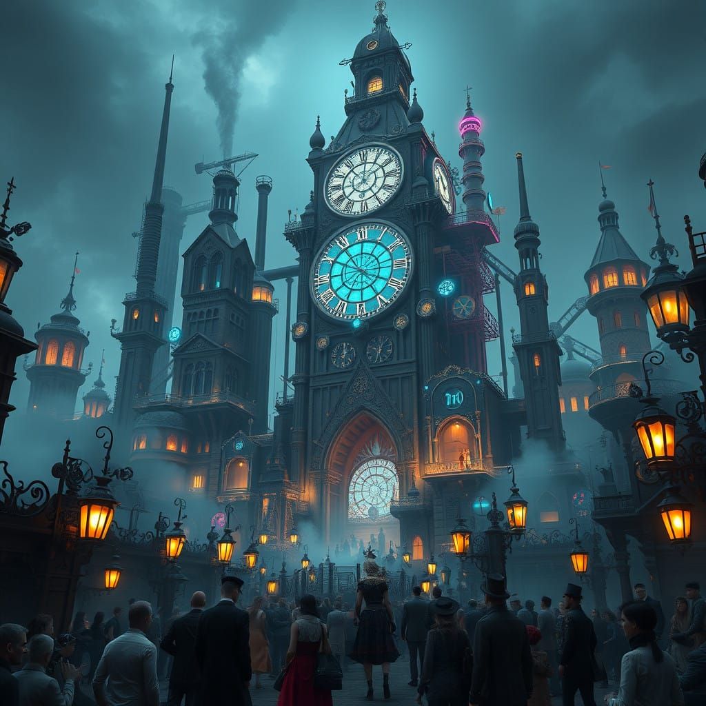 Steampunk Metropolis at Midnight, with Clock Tower and Crowd...