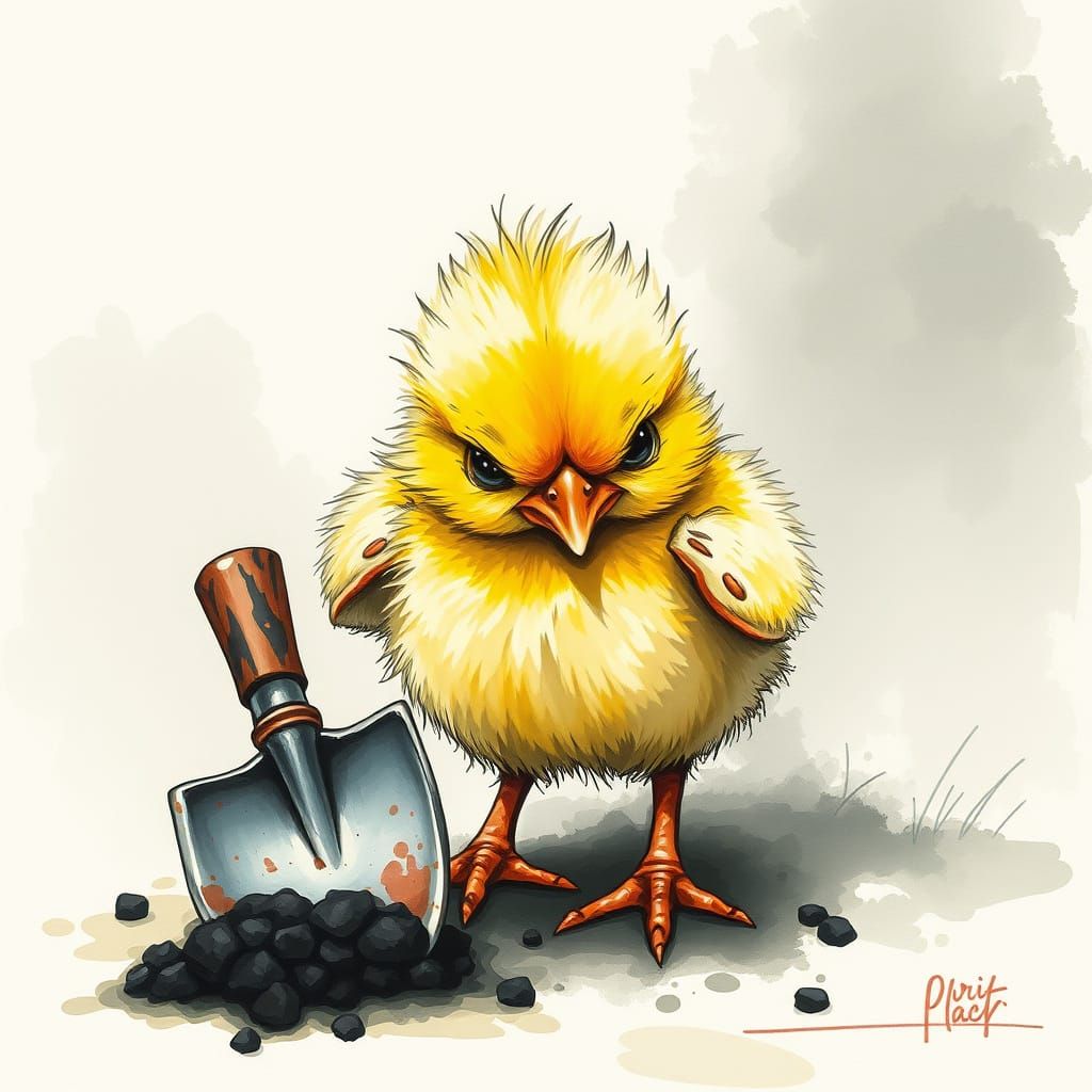 Grumpy Chick with Shovel in Ink Painting Style