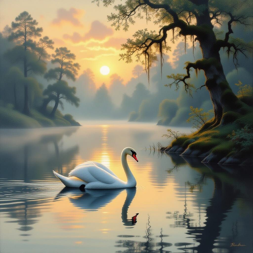 A majestic swan glides across a serene, mist-shrouded lake a...