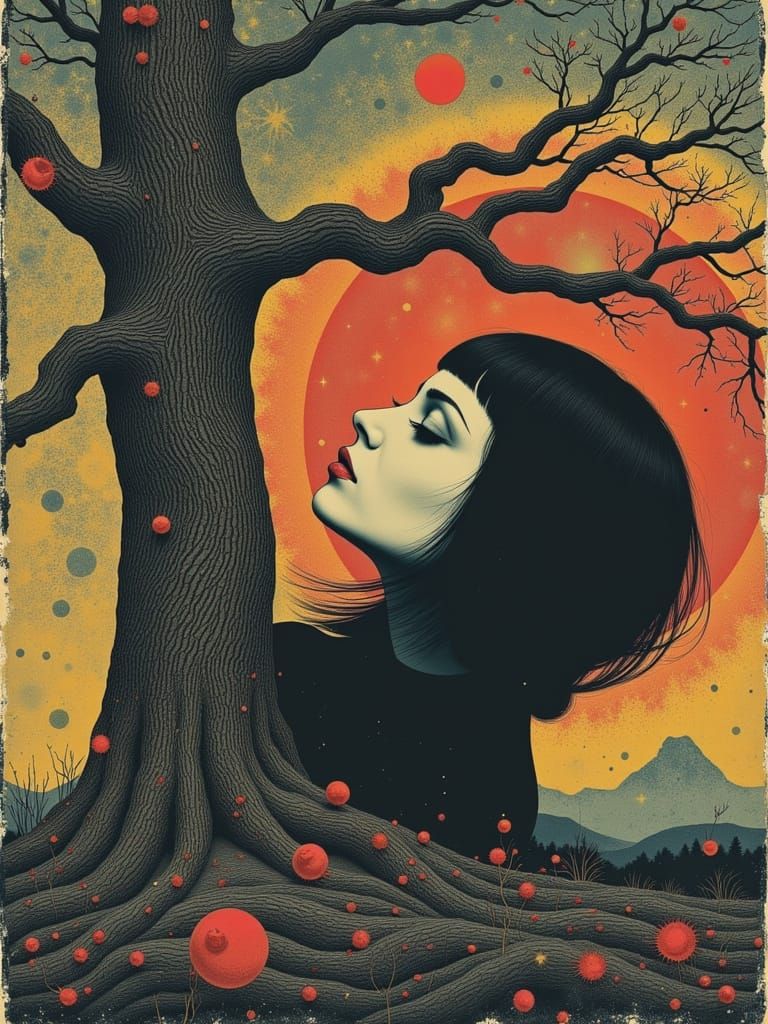 Ethereal Gothic Woman in Surrealist Landscape Collage