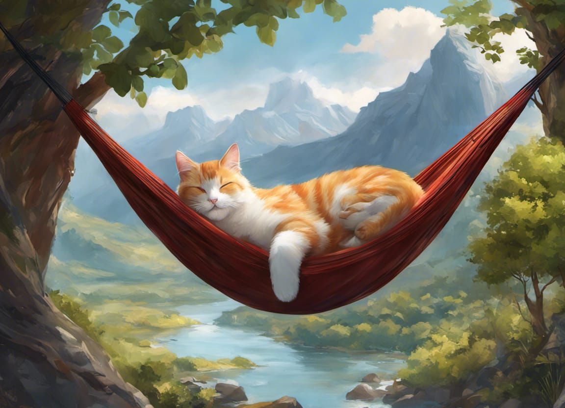 Cat Nap in Hammock: Detailed Digital Art