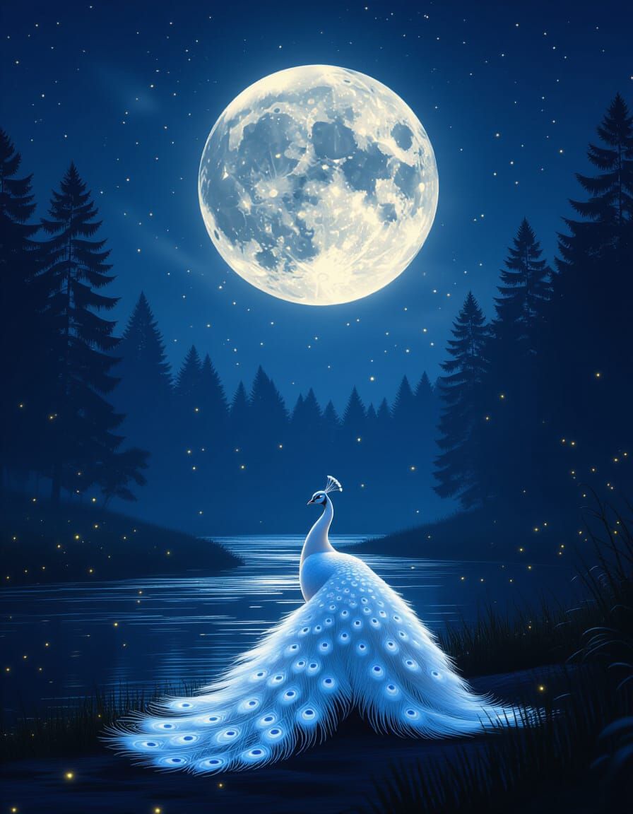 Dreamy Full Moon Night with White Peacock by Sparkling River
