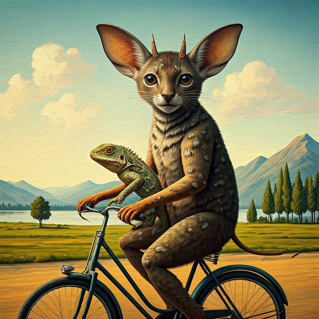 Surreal Vincent van Gogh Style Creatures Ride Bike in Serene...