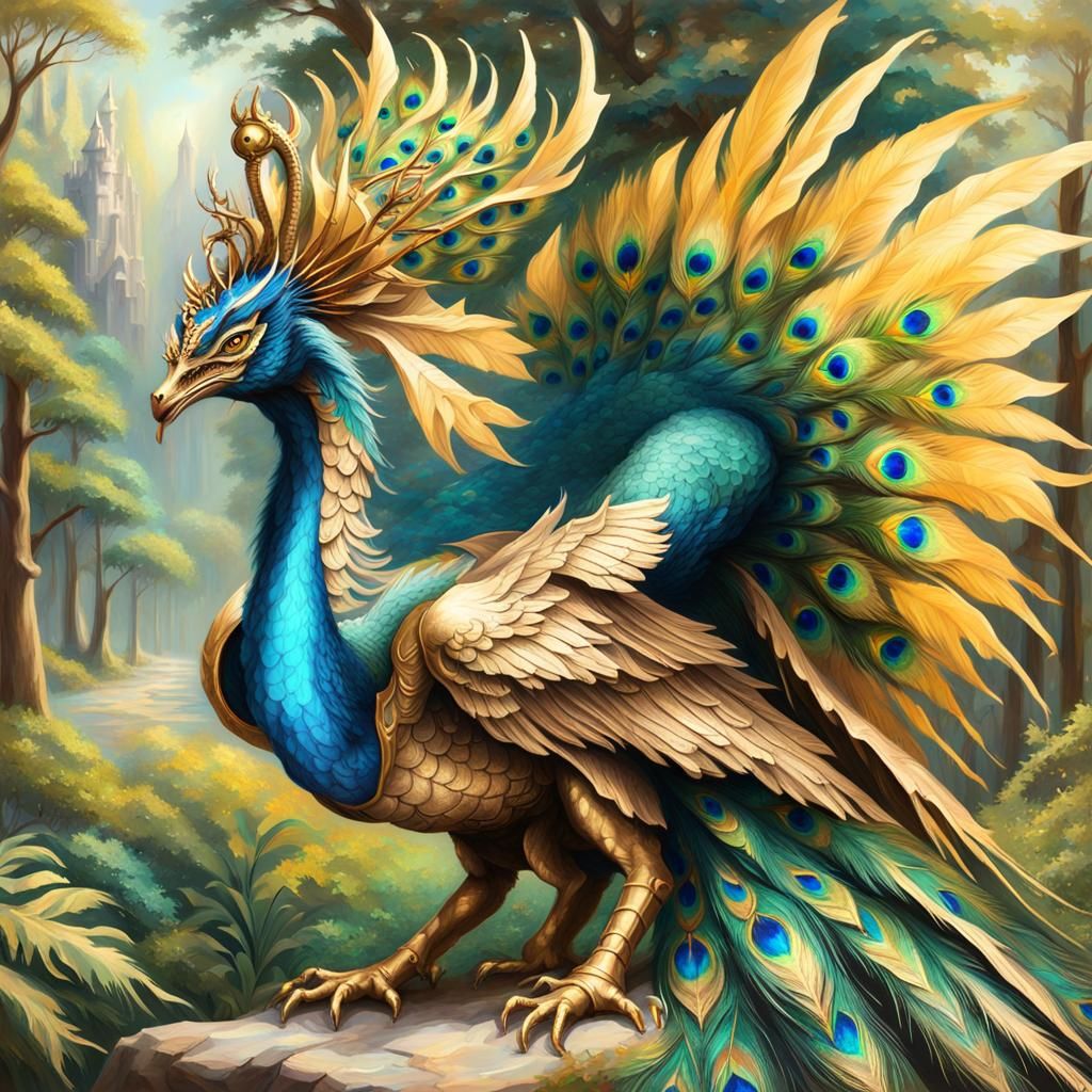 Peacock Feathered Dragon with Opal Stone, Oil Paint