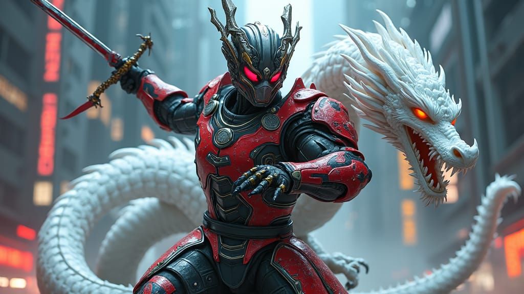 Cyber-Ninja Warrior with Dragon in Futuristic Cityscape