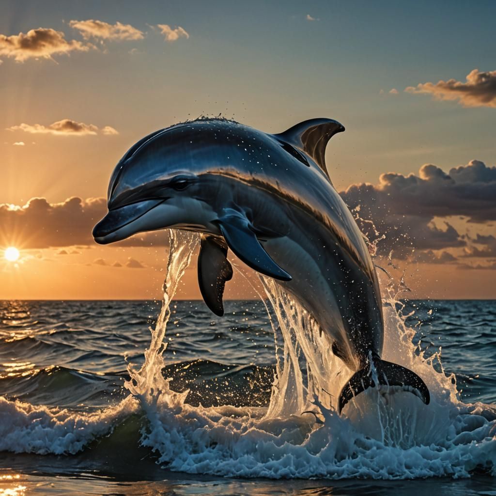 A scene of water splashing into the shape of a dolphin, epic, warm lighting, dawn, intricate details, HDR, beautifully s...