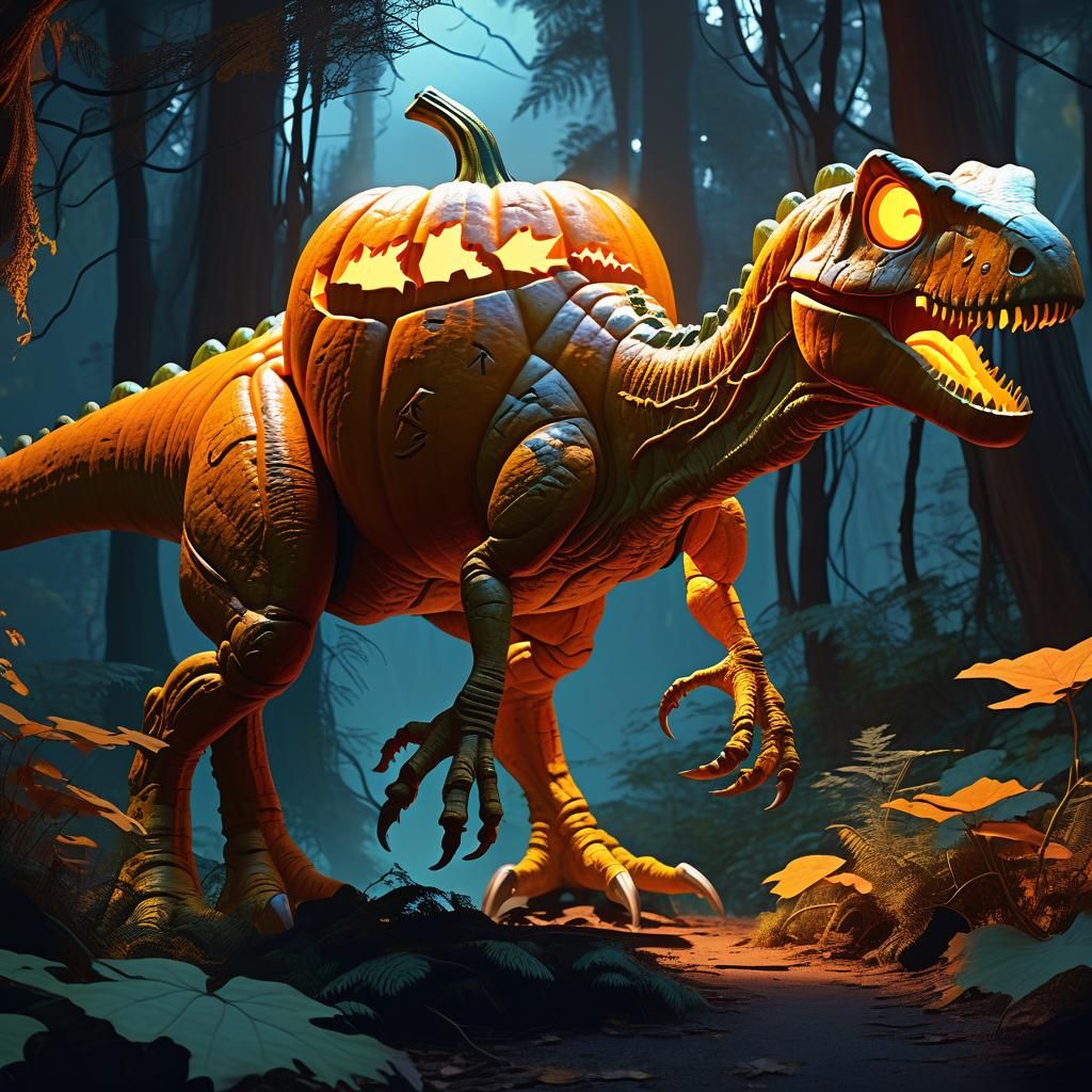 Pumpkin Dinosaur in Mystical Forest Concept Art