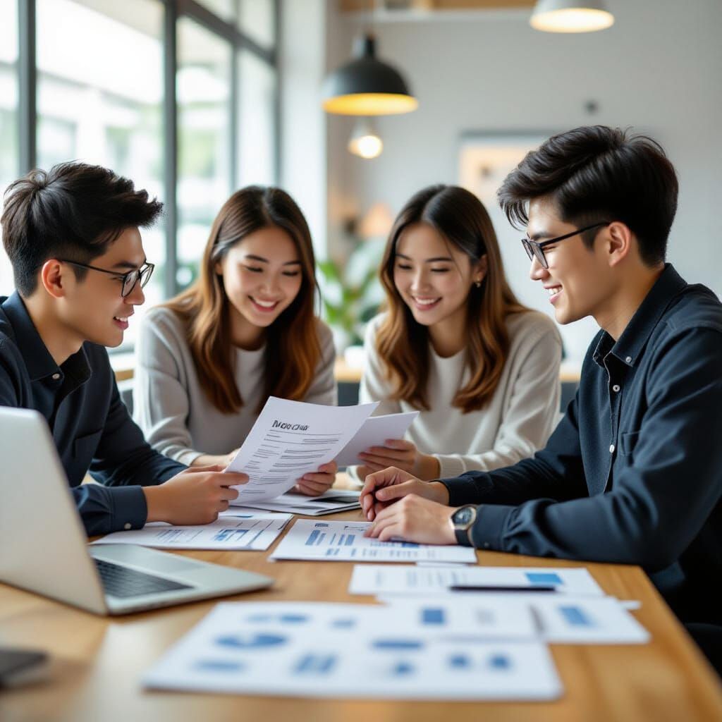 Confident Asian Students Collaborate in Modern Workspace
