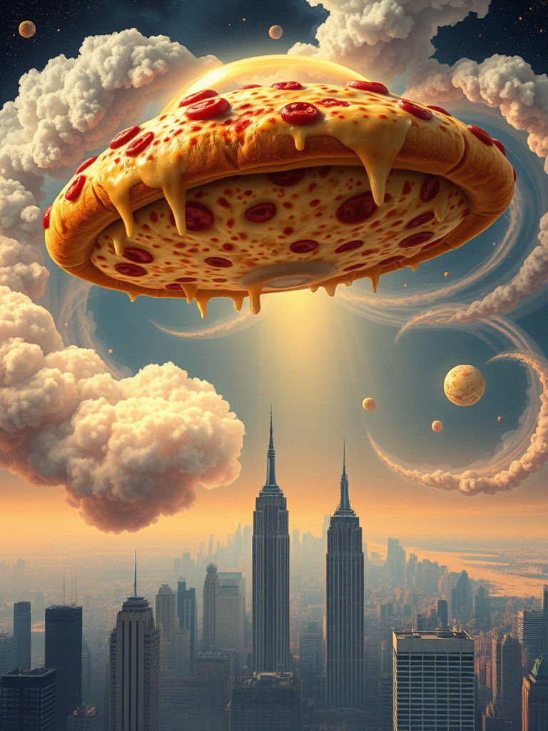 Pizza UFO Over Manhattan: Surreal Dreamscape