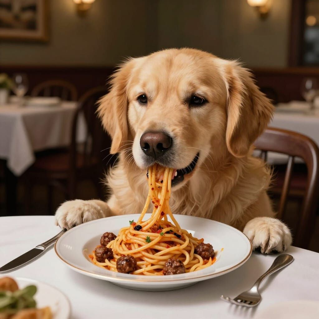 Golden Retriever Enjoys Spaghetti in Elegant Restaurant