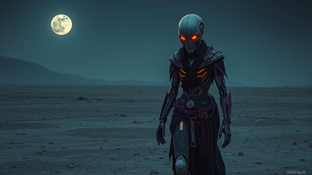 Android Walks Barren Wasteland in Cyberpunk Style