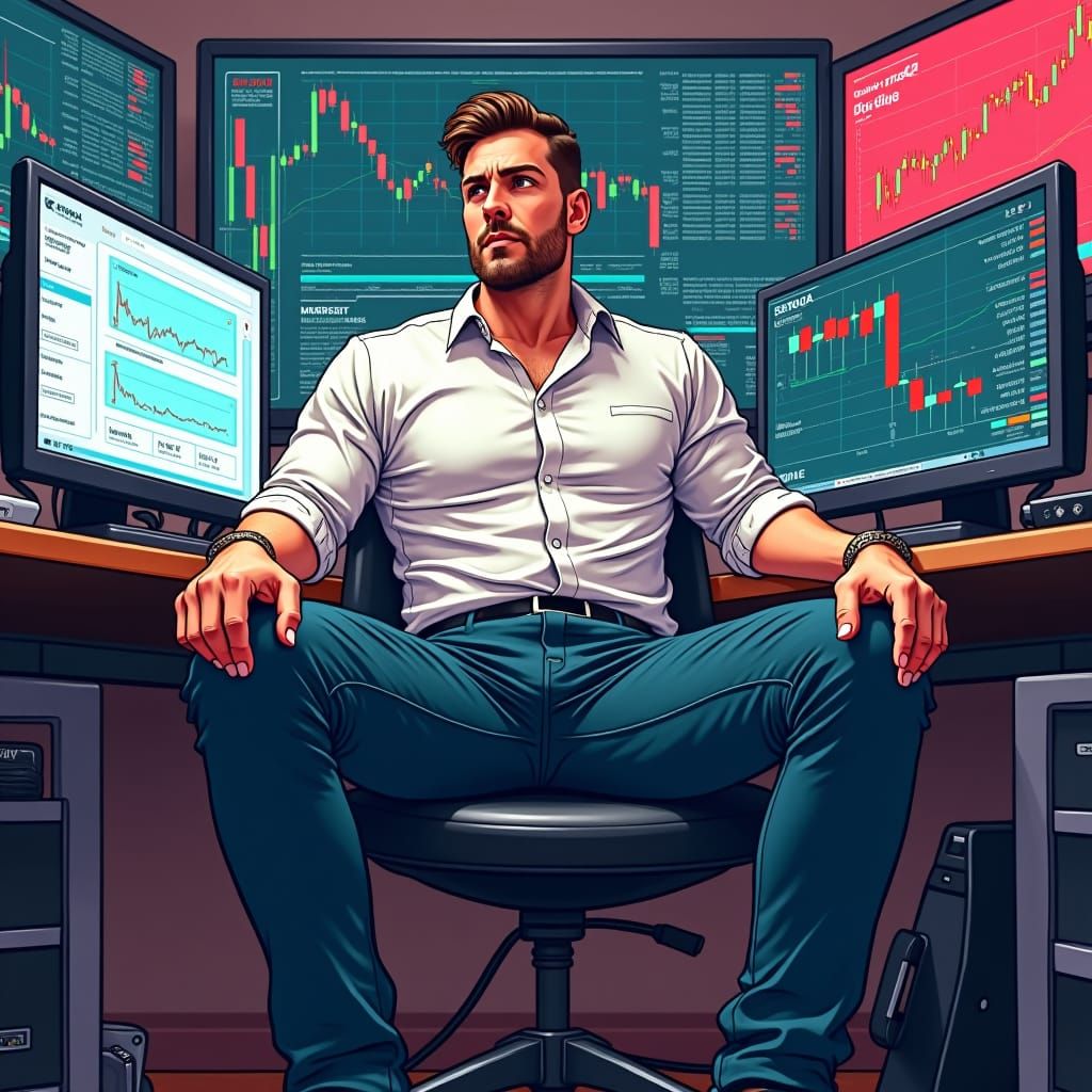 Confident Day Trader Analyzing Market Trends in Modern Offic...