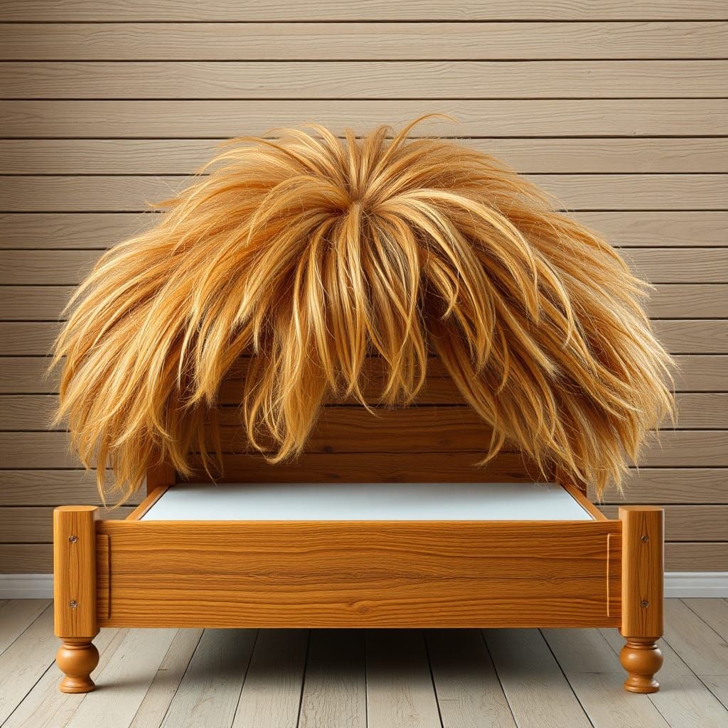 Wooden Bed Adorned with Comical Wig