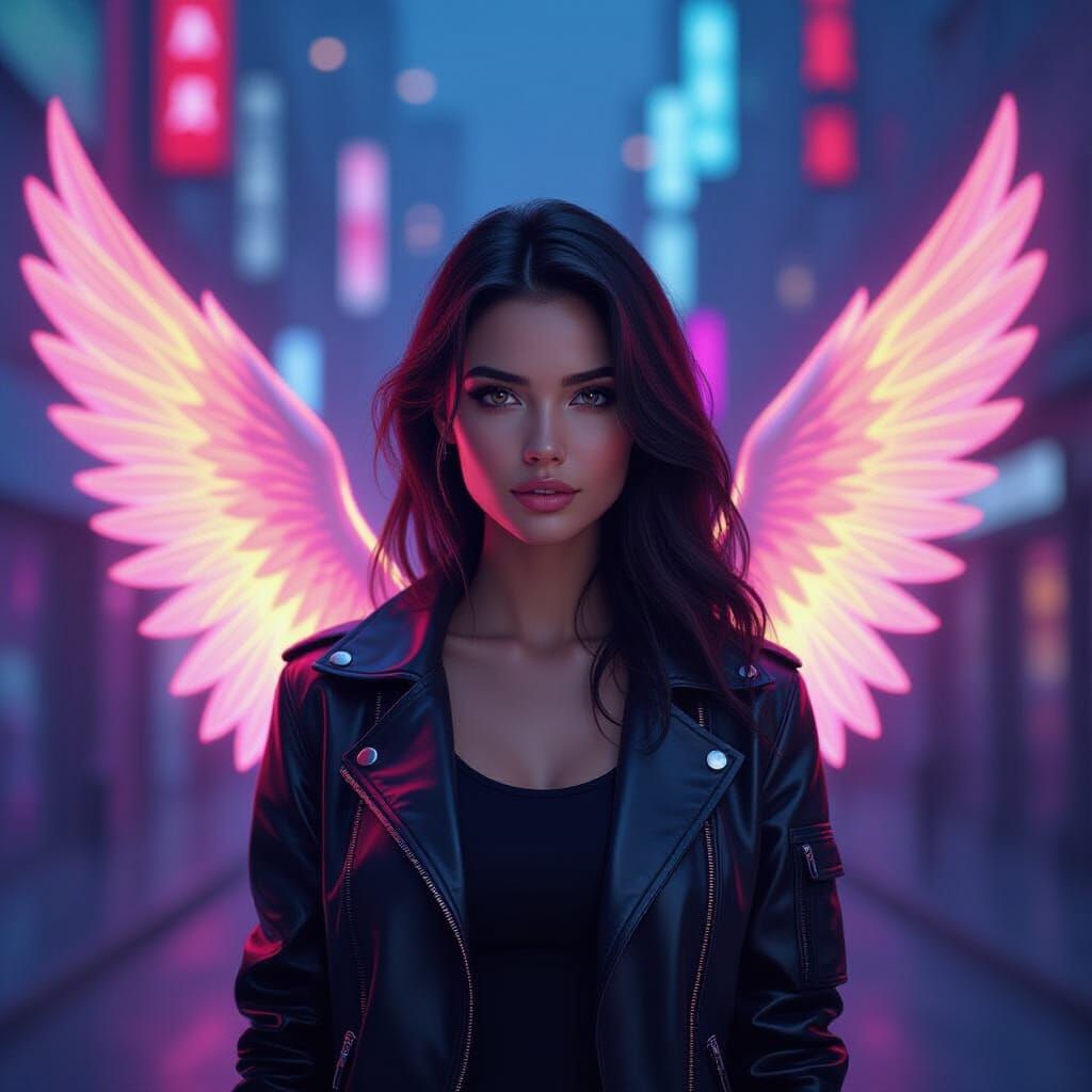 Neon Lit Woman with Glowing Wings in Futuristic Style