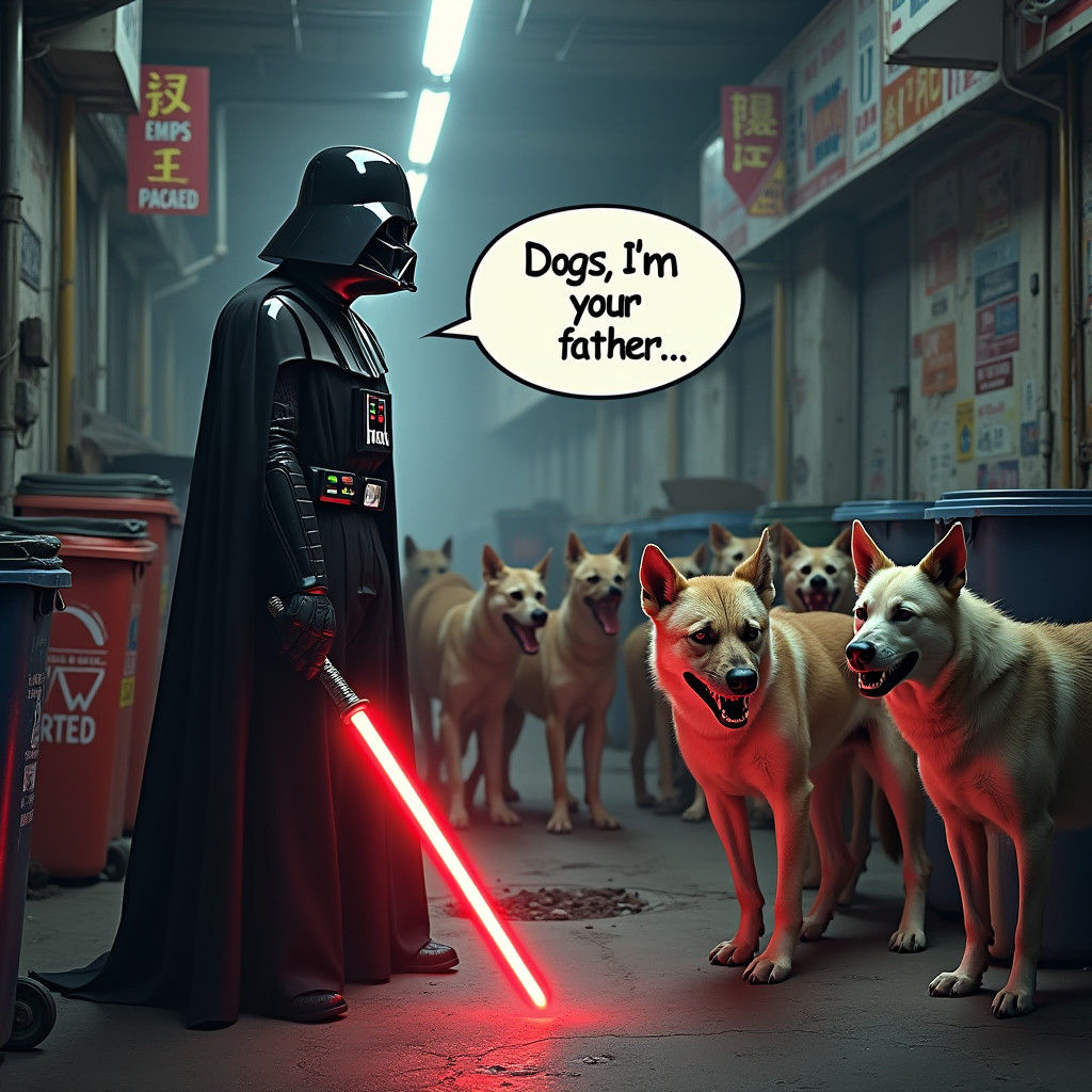 Darth Vader Confronts Dogs in Gritty Alley