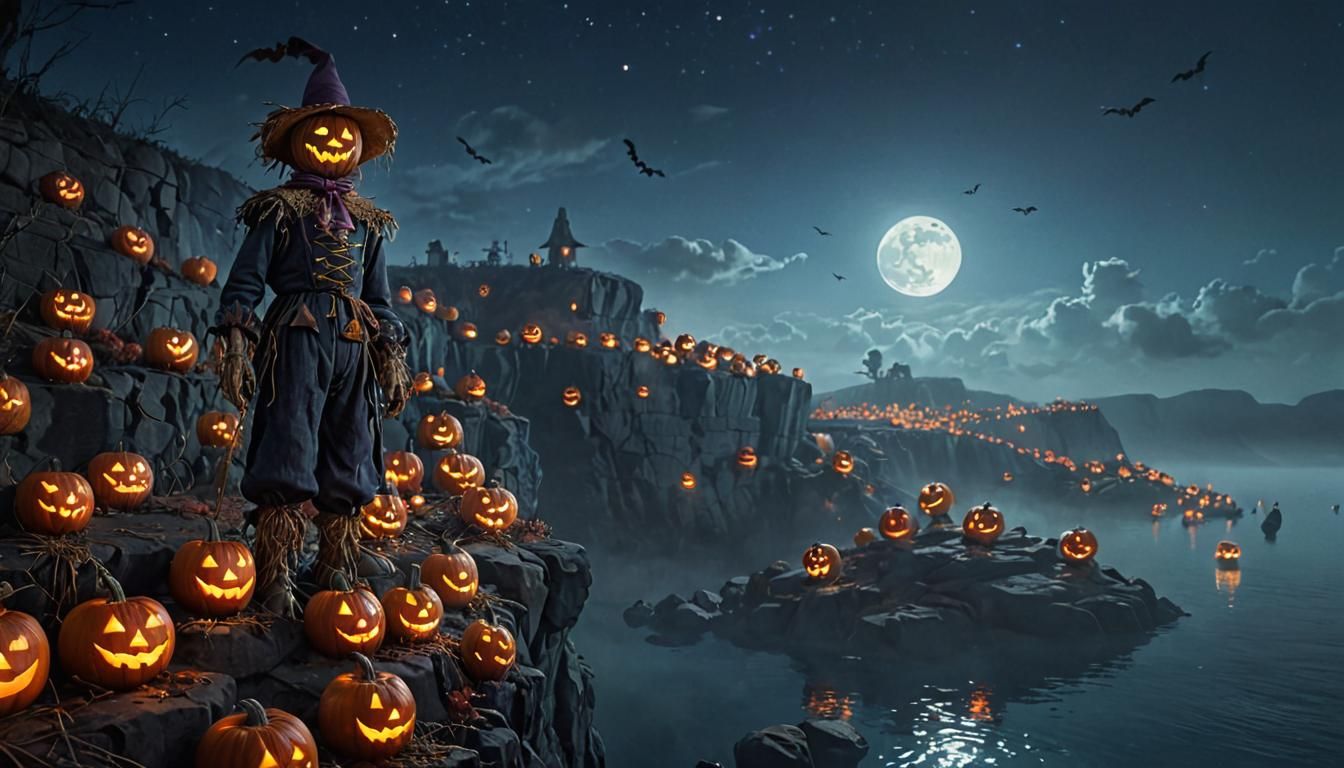 Surreal Scarecrow Guarding Jack-o'-Lanterns at Cliff Edge