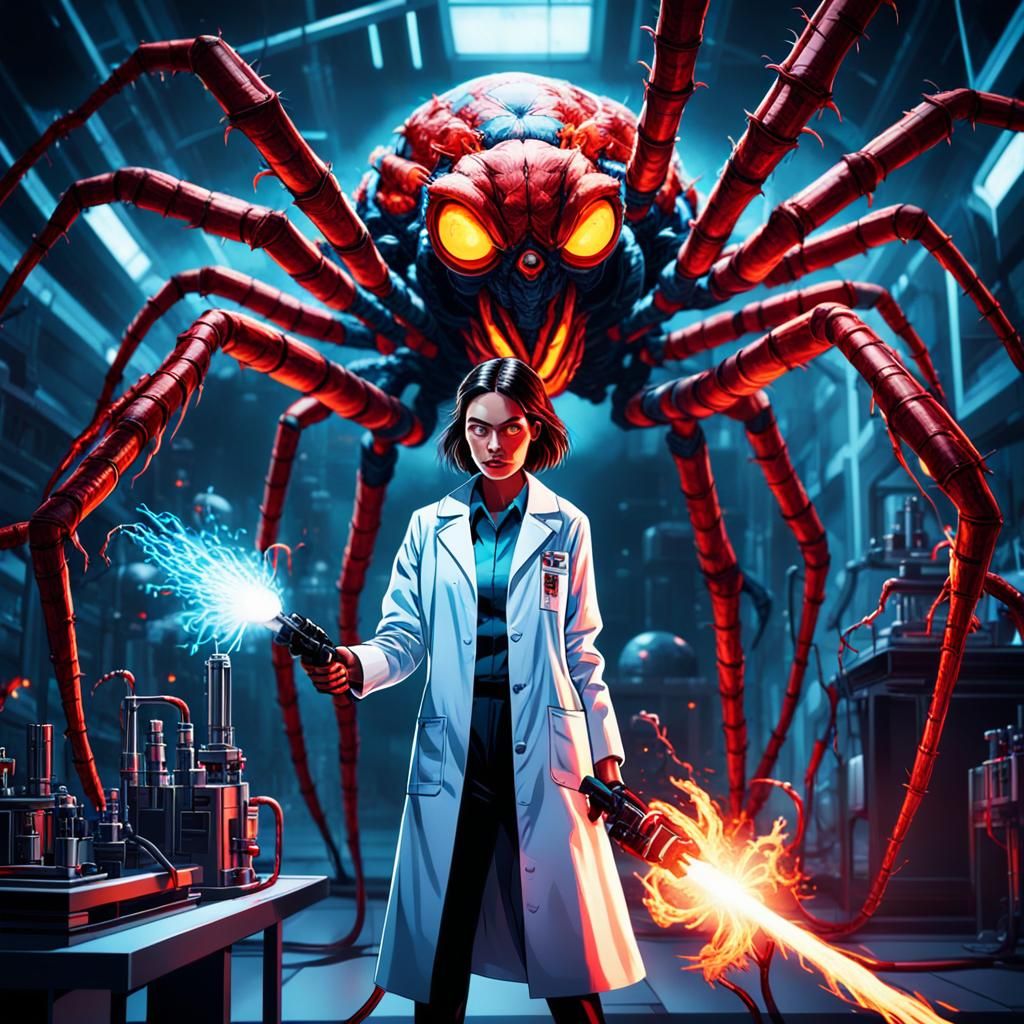 Woman Faces Giant Spider in Sci-Fi Lab
