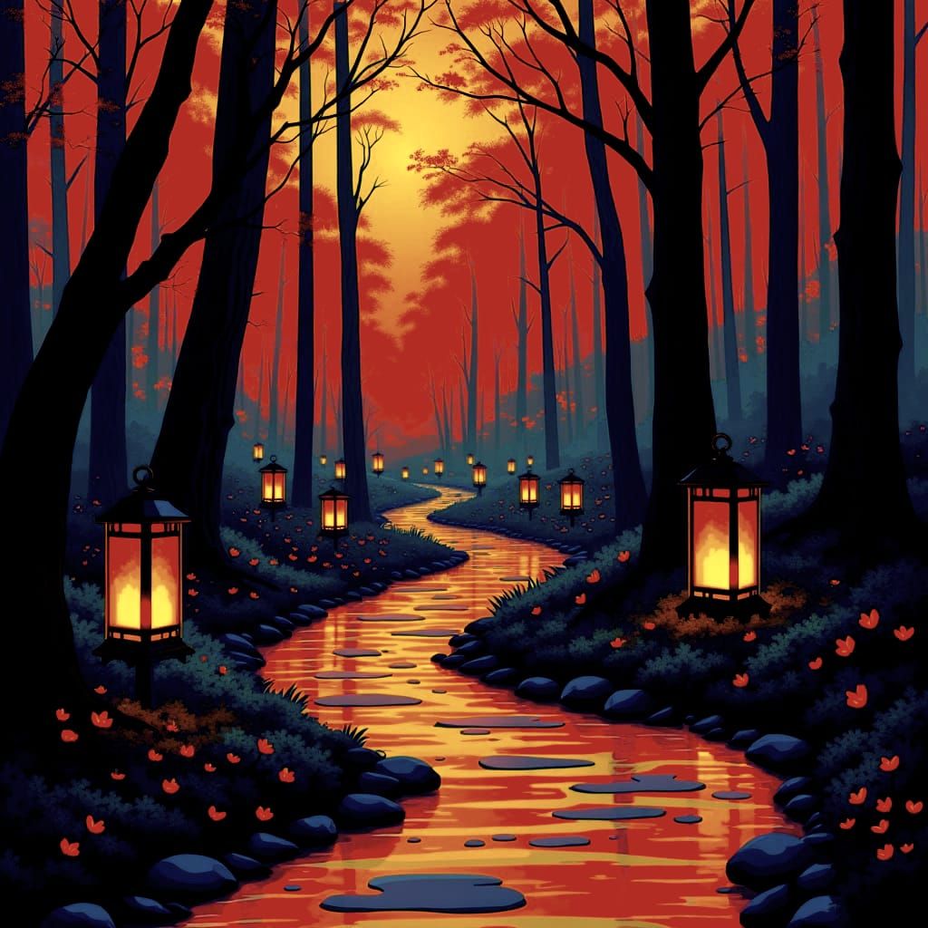 Abstract Optical Illusion with Forest and Lanterns
