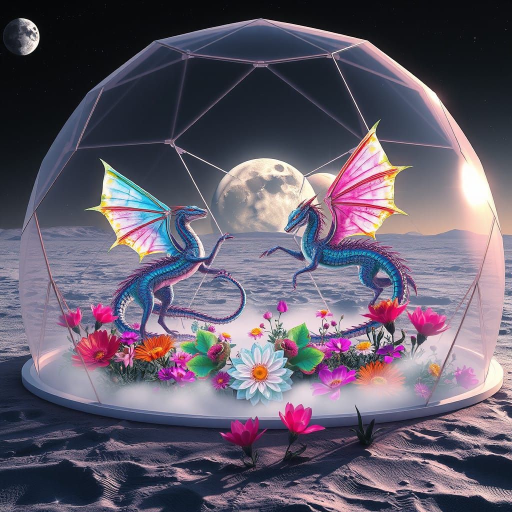 Dreamlike Dragons Dance in Lunar Geodesic Dome