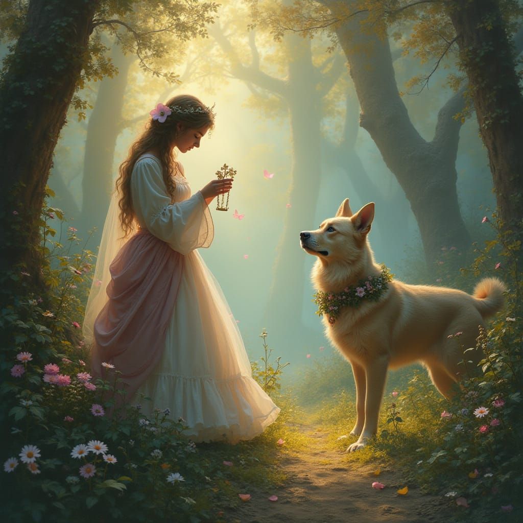 Ethereal Fantasy Scene with Whimsical Creatures