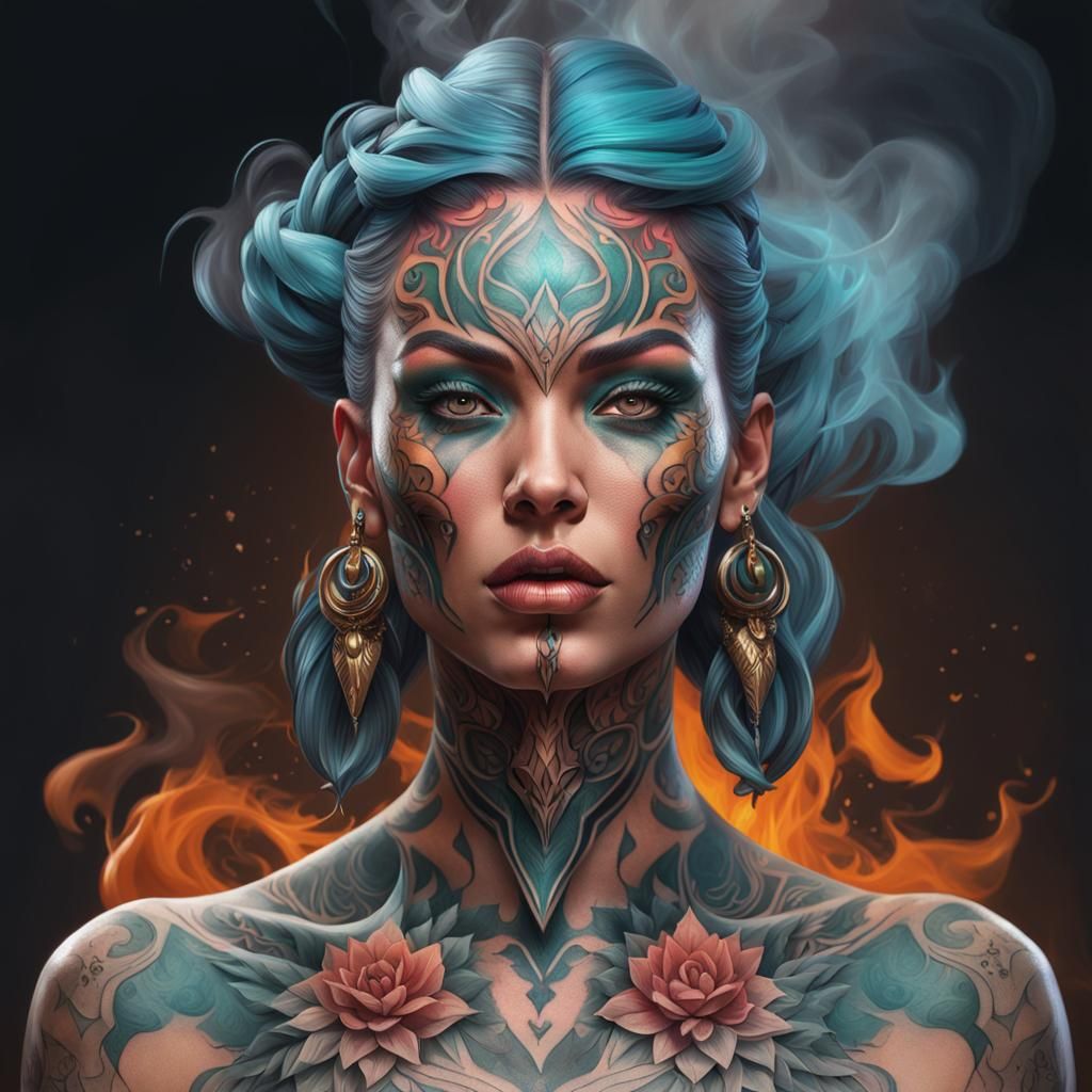 Aggressive Tattooed Woman in Hyperdetailed Concept Art