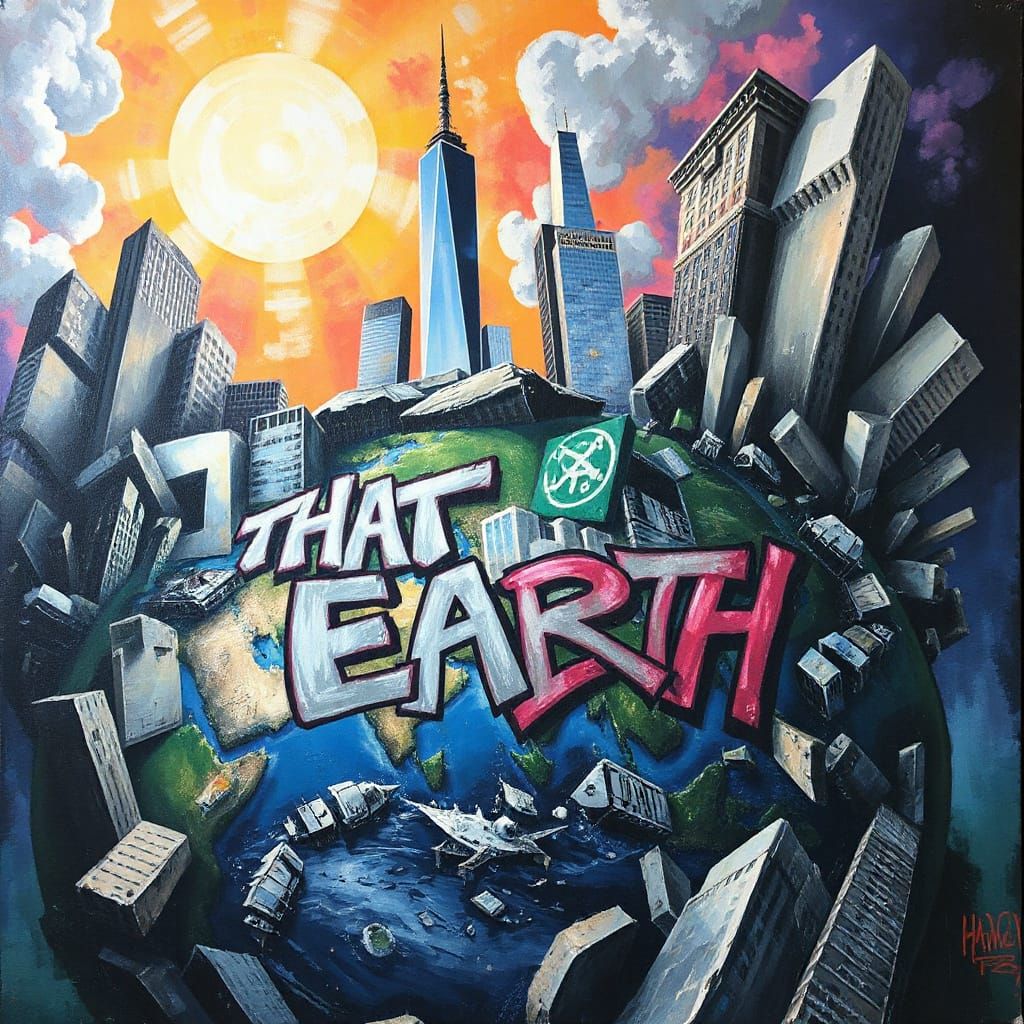 Ominous Action Painting, graffitied earth with extruding skyscrapers "THAT EARTH"
