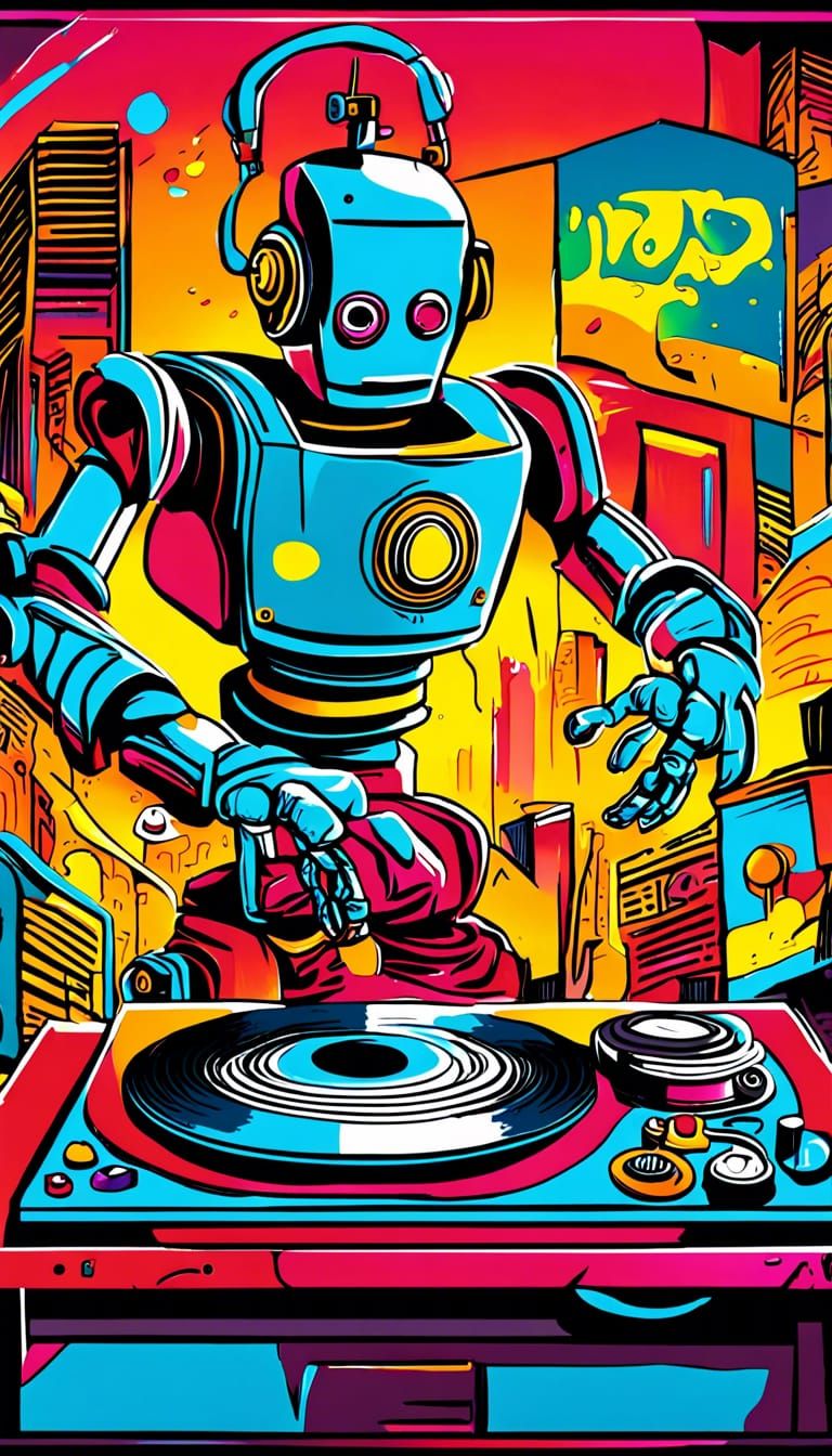 Robot DJ Graffiti Art in Comic Book Style