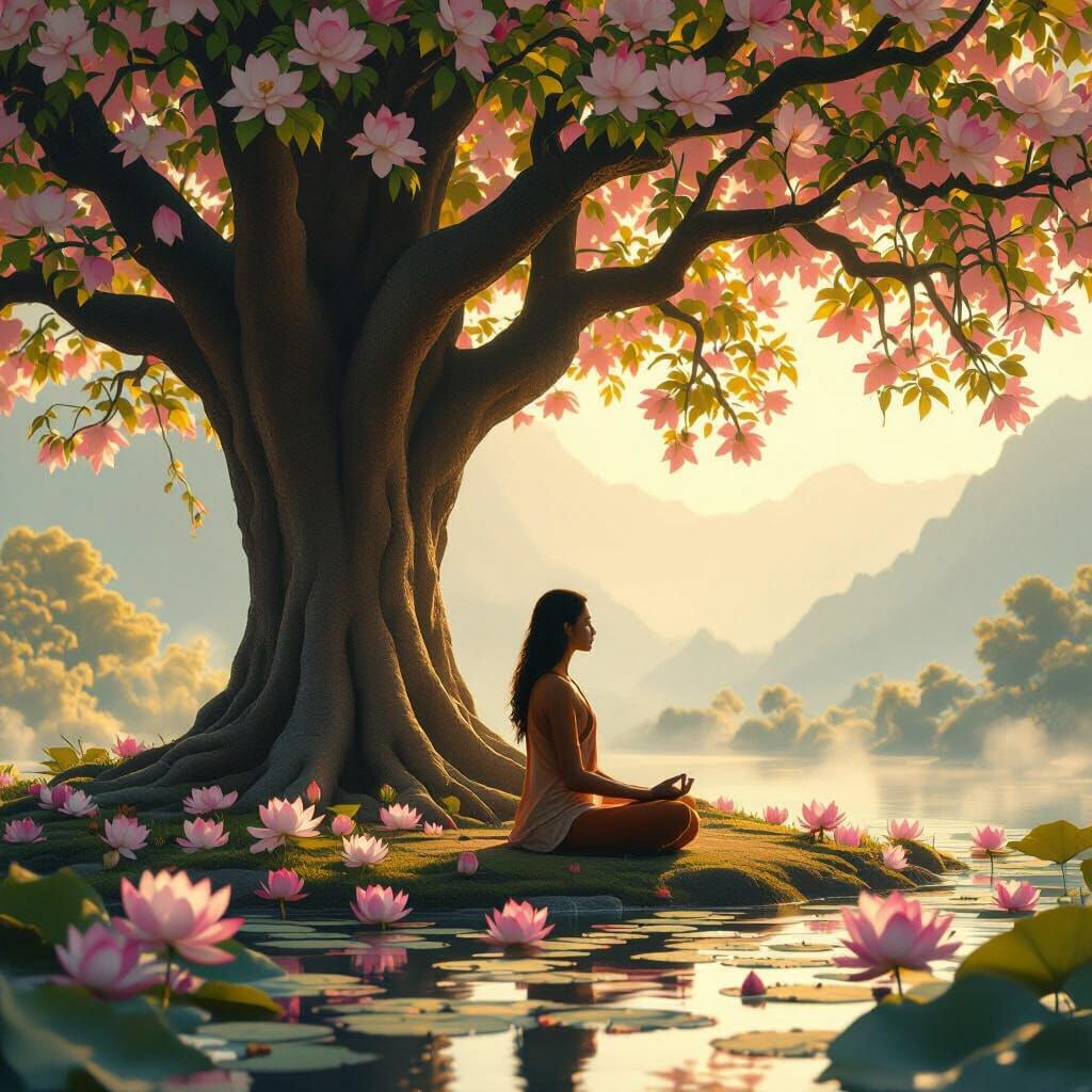 Meditating Figure Under Bodhi Tree with Lotus Flowers