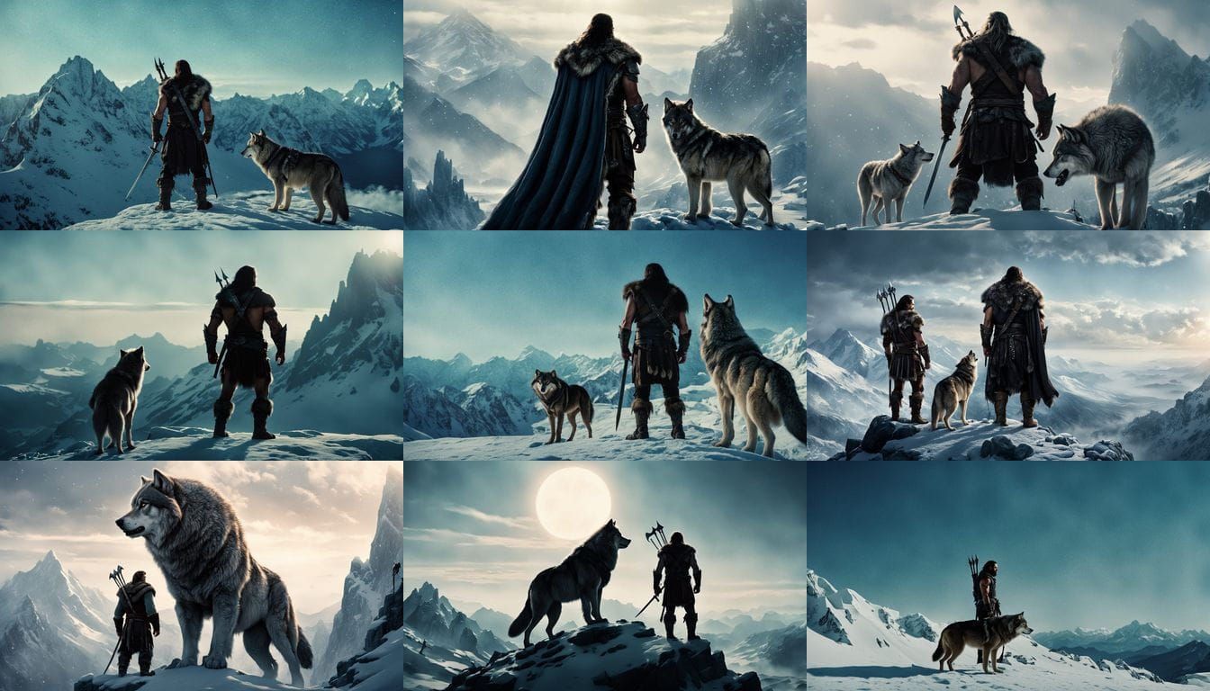 Barbarian Warrior Stands atop Snow-Capped Mountain with Fait...