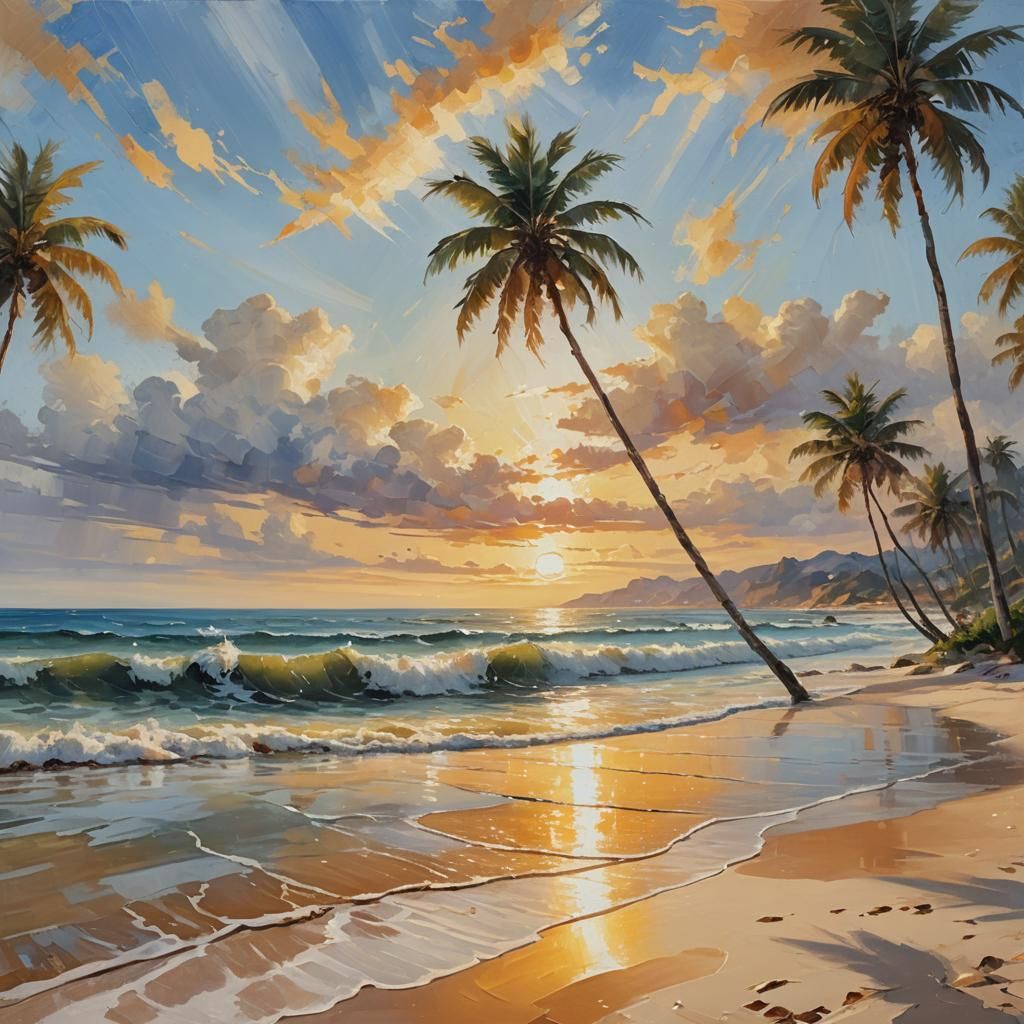 Sunny Beach Oil Painting in Impressionist Style