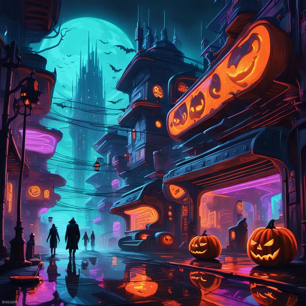 Neon Halloween Cityscape Concept Art in Unreal Engine