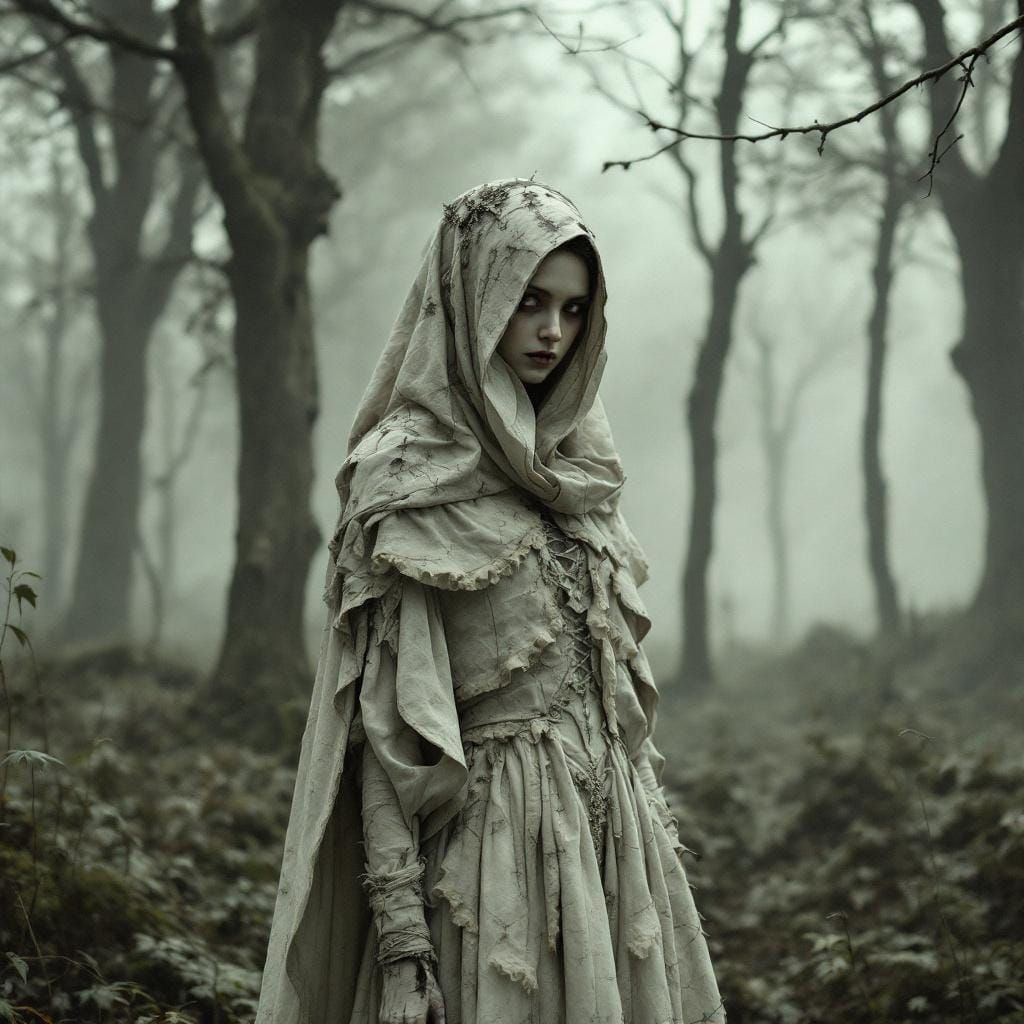 Eerie Victorian Bride in Foggy Forest
